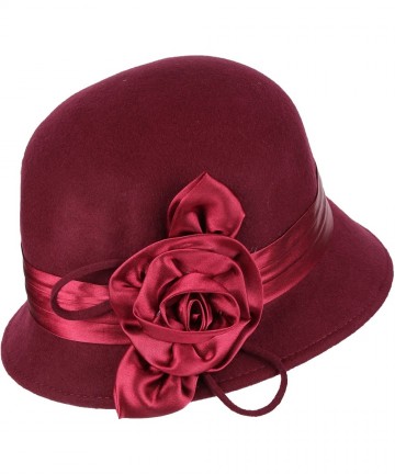Bucket Hats Marilyn Vintage Style Wool Cloche Bucket Winter Hat with Satin Flower - Burgundy - CS1177TKQT9 $29.08