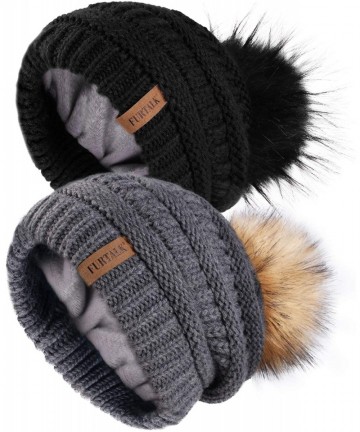 Skullies & Beanies Winter Slouchy Beanie Hats Women Fleece Lined Warm Ski Knitted Pom Pom Hat - 32-black Flowergrey - CC18YML...