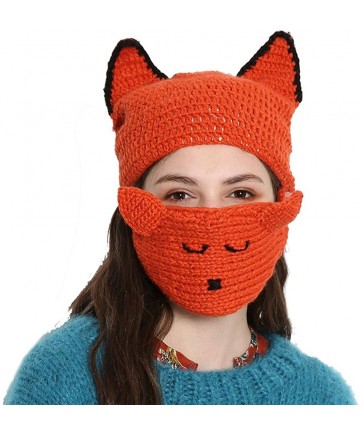 Skullies & Beanies Pussycat Big Ears Beanie For Women's March With Smile Mask Knitted Hat Caps - Hat Mask - CD1899TT40M $27.73