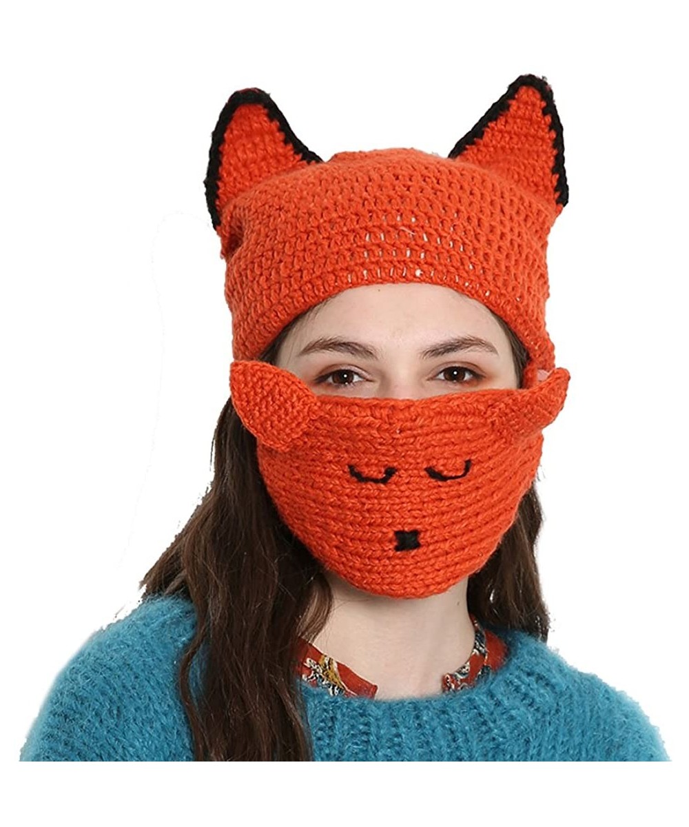 Skullies & Beanies Pussycat Big Ears Beanie For Women's March With Smile Mask Knitted Hat Caps - Hat Mask - CD1899TT40M $18.99