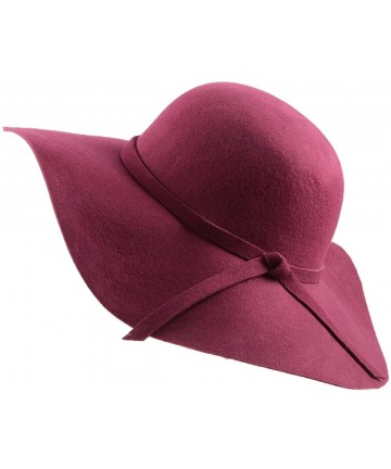 Fedoras Women's Foldable Wide Brim Felt Bowler Fedora Floopy Wool Hat - Wine Red - CM126HRSJ1D $24.07