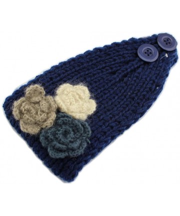 Cold Weather Headbands Elegant Women Knitted 3 Flowers Headbands Winter Warm Hairband Navy Blue - CD189M4E77O $11.93