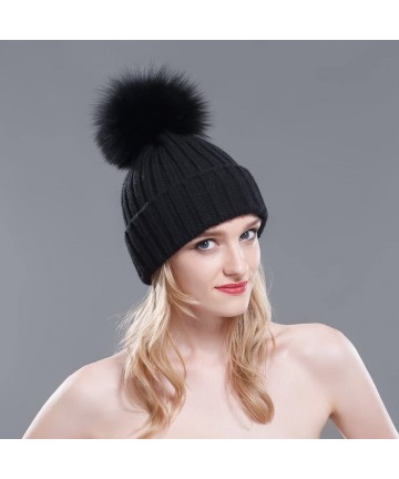 Skullies & Beanies Thermal Winter Fur Hat Fox Raccoon Fur Ball Female Knitted Hat Lovers Hat - Black & Black Fox Ball - C811O...