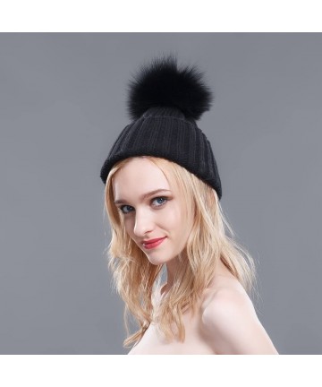 Skullies & Beanies Thermal Winter Fur Hat Fox Raccoon Fur Ball Female Knitted Hat Lovers Hat - Black & Black Fox Ball - C811O...