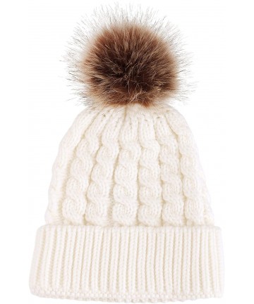 Skullies & Beanies Womens Winter Hand Knit Faux Fur Pompoms Beanie Hat - Single-white - CT12BYRSB8R $21.09