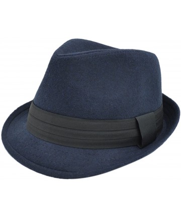Fedoras Unisex Classic Solid Color Felt Fedora Hat with Black Band - Navy Blue - CS12CFYPLIB $21.24