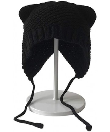 Skullies & Beanies Women Cat Ear Beanie Hat Wool Braided Knit Trendy Winter Warm Cap - Black - CJ18A9NWH8Y $18.38