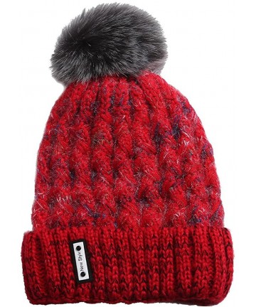 Baseball Caps Knit Caps For Women Wool Cosy Warm Beanie Winter Hat Ski Crochet Cap Pom Pom - Red - C218IQ7XCX2 $14.65