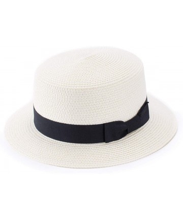 Sun Hats Womens Mini Straw Boater Hat Fedora Panama Flat Top Ribbon Summer A456 - Ivory - CC185O38LLS $13.67