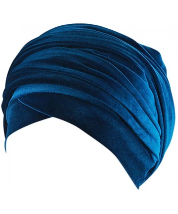 Skullies & Beanies Women Solid Color Velvet Muslim Stretch Turban Hat Chemo Cap Visor Head Scarf Wrap Sleeping Cap - Blue - C...