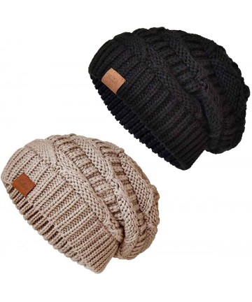 Skullies & Beanies Knit Beanie Hat for Women Oversize Chunky Winter Slouchy Beanie Hats Ski Cap - Black/Camel - CM18ADRNLMG $...