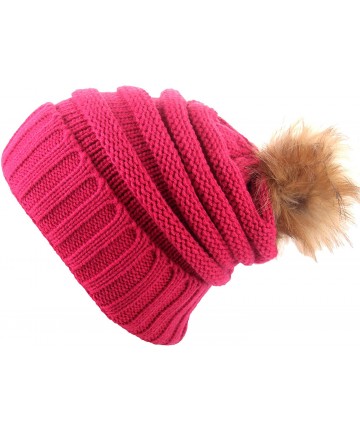 Skullies & Beanies Women's Knit Slouchy Beanie Hat with Pom Pom Fur - Pink - CR12NQXELO0 $21.30