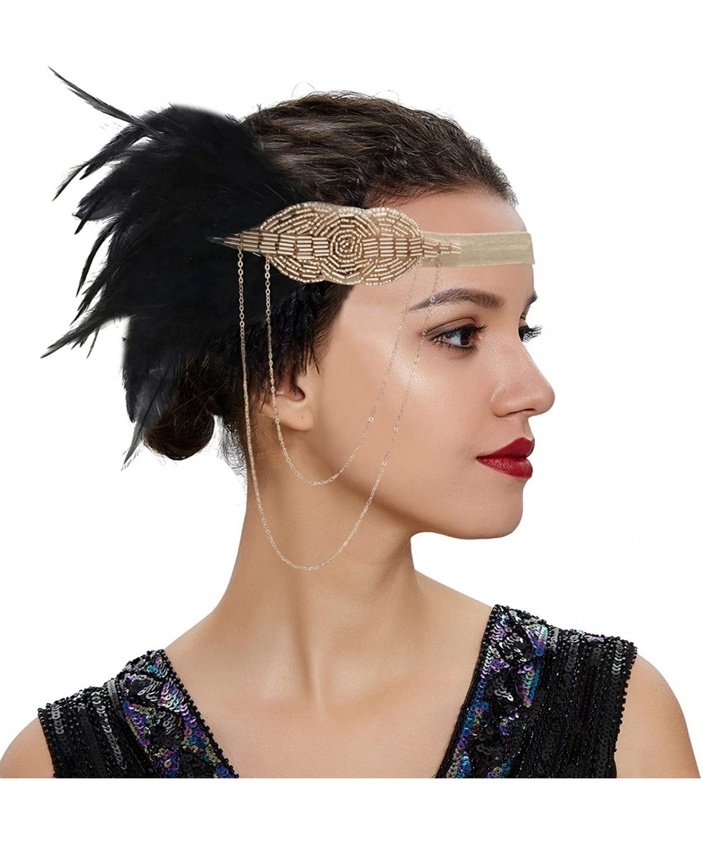 Headbands Vintage 1920s Black Feather Headpiece Gold Beaded Art Deco Flapper Headband - Chain - Champagne - CX187IMDM60 $18.18