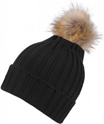 Skullies & Beanies Women's Fluffy Faux Fur Pom Pom Beanie Hat - Black - CM187EECMOQ $19.62
