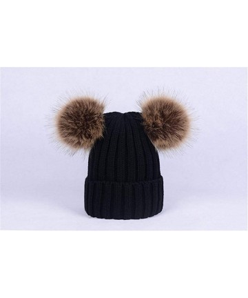 Skullies & Beanies Women Double Pom Pom Beanie Hat Knit with Faux Fur Pompom Ears Winter Soft Skull Ski Cap - Black-full - C2...