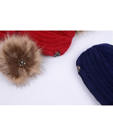 Skullies & Beanies Women Double Pom Pom Beanie Hat Knit with Faux Fur Pompom Ears Winter Soft Skull Ski Cap - Black-full - C2...