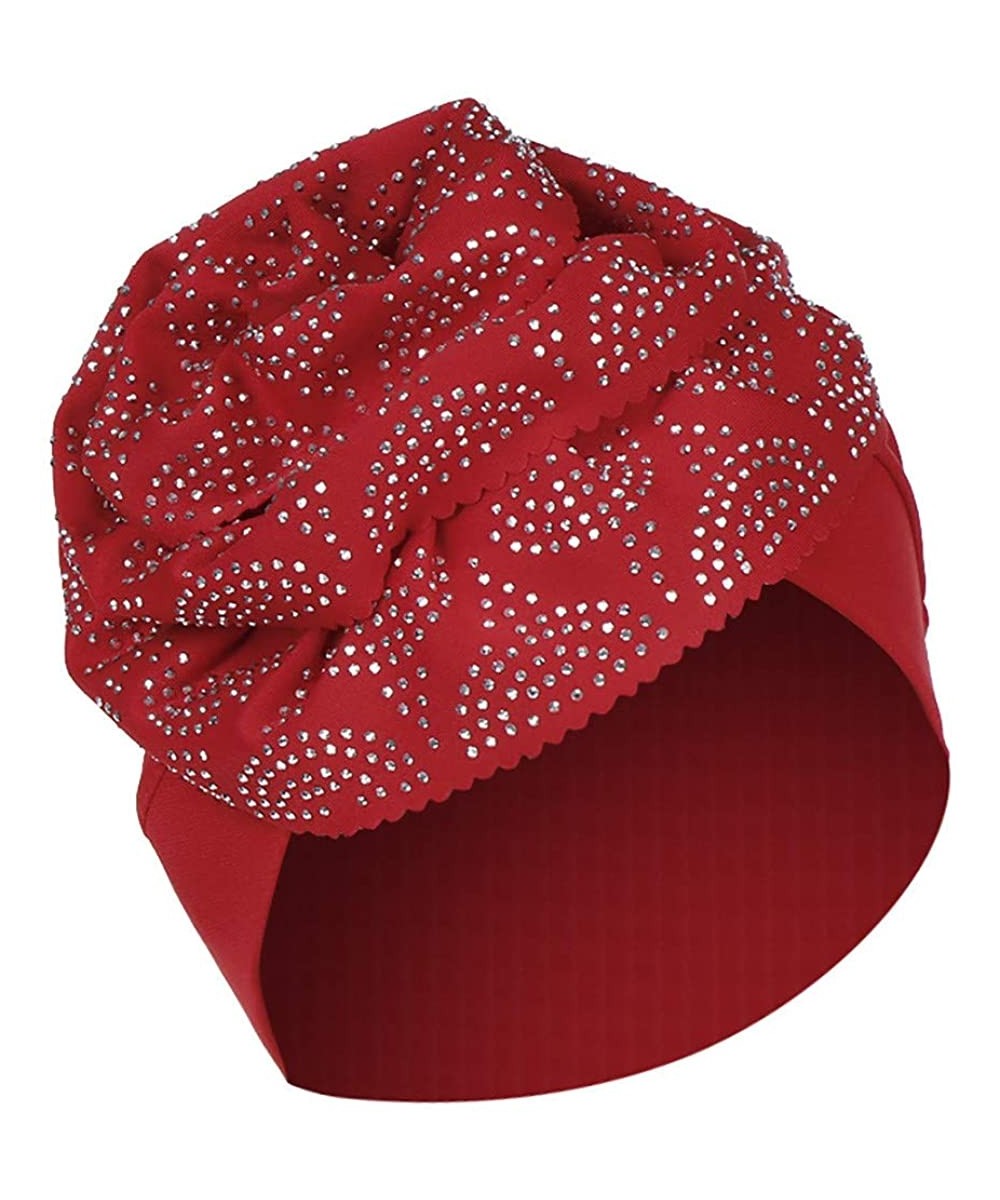 Skullies & Beanies Head Wraps for Women- Chemo Turban Hats Flower Stretchy Turban Brim Cap Pile Vintage Turban - Red - CA18W9...