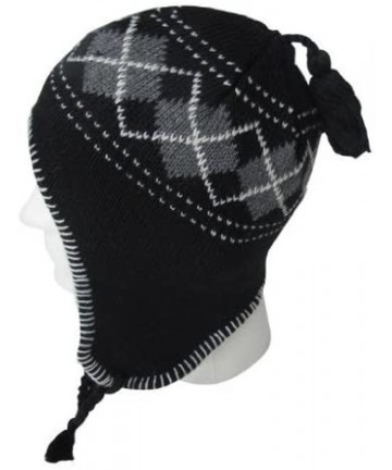 Skullies & Beanies EarFlap Beanie Hat- Acrylic knit with soft warmlining- Color Grey- Argyle Design - CS11C6LI4VF $12.96