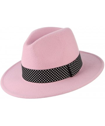 Fedoras Women Vintage Felt Fedora Hat Big Bow Wide Brim Panama Hat Church Derby Hat Pink - Pink 1 - CF18OM8ZSG5 $15.51