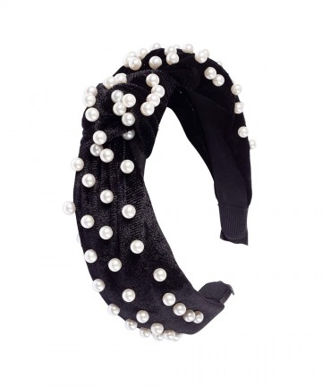 Headbands Velvet Top-knot Pearl Embellished Headband (Black) - Velvet Black - C018SDKXXNC $19.01