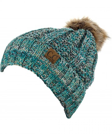 Skullies & Beanies Thick Cable Knit Faux Fuzzy Fur Pom Fleece Lined Skull Cap Cuff Beanie - 3 Tone Teal - C718LUG6OZI $20.61