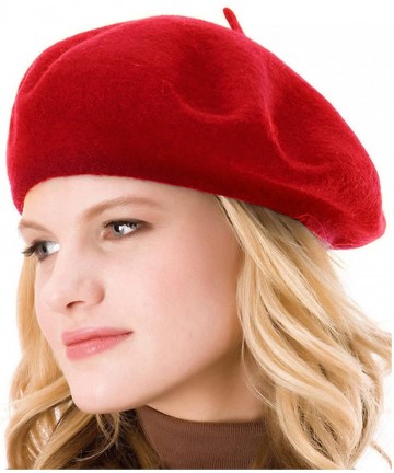 Berets Womens Solid Color Beret 100% Wool French Beanie Cap Hat - Red - CR12FMUX15Z $12.13