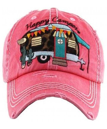 Baseball Caps Adjustable Happy Camper Distressed Baseball Cap Hat - Leopard Cheetah Pink - CH18QZHU2ZO $25.30