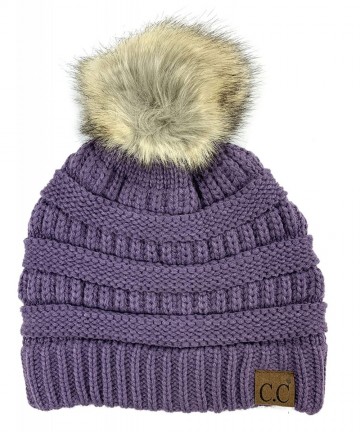 Skullies & Beanies Soft Stretch Cable Knit Ribbed Faux Fur Pom Pom Beanie Hat - Violet - C912LLP14F9 $15.02