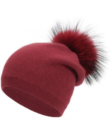 Skullies & Beanies Colors Slouchy Cashmere Raccoon Stocking - Red Pom - CQ18ZZI8XOG $39.70