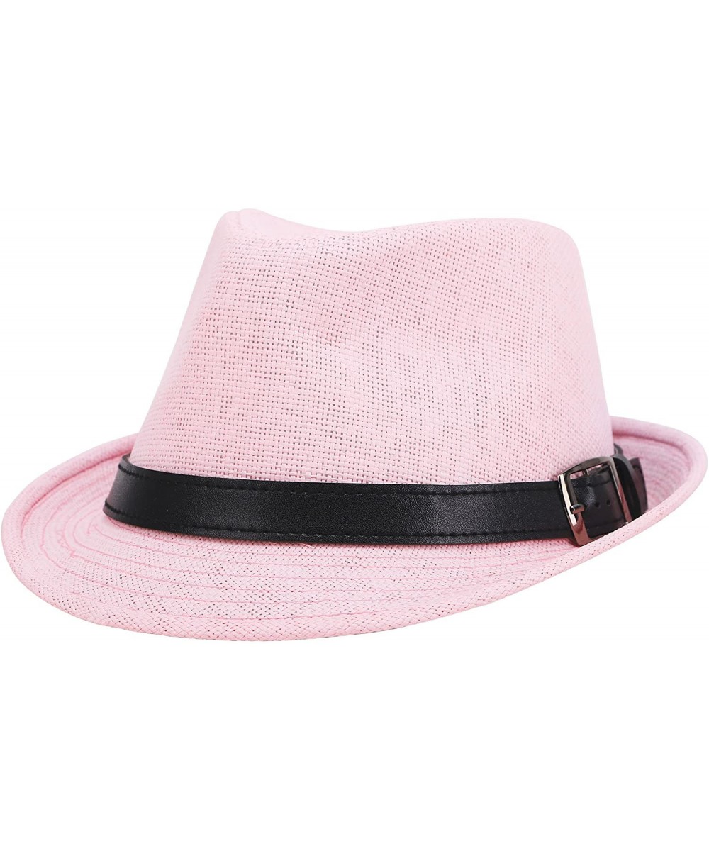 Fedoras Men/Womens Outdoor Casual Structured Straw Fedora Hat w/PU Leather Strap - Lt Pink Hat Black Belt - C11804N4DYW $18.51