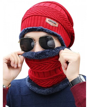 Cold Weather Headbands Women's and Men's Winter Velvet Thick Knitted Cap With Bib Outdoor Warm Two-piece Suit - Men's Red - C...