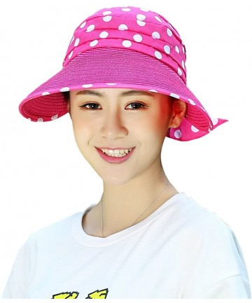 Visors Straw Polka Dot Pleated Roll up Wide Brim Bow Beach Sun Hat Visor - Fuchsia - CE12I5WAT8X $29.84