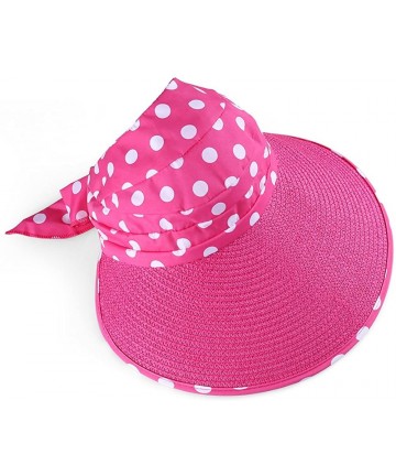 Visors Straw Polka Dot Pleated Roll up Wide Brim Bow Beach Sun Hat Visor - Fuchsia - CE12I5WAT8X $20.66