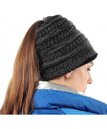Skullies & Beanies Womens Ponytail Beanie Hats Warm Fuzzy Lined Soft Stretch Cable Knit Messy High Bun Cap - Black Mix - CV18...