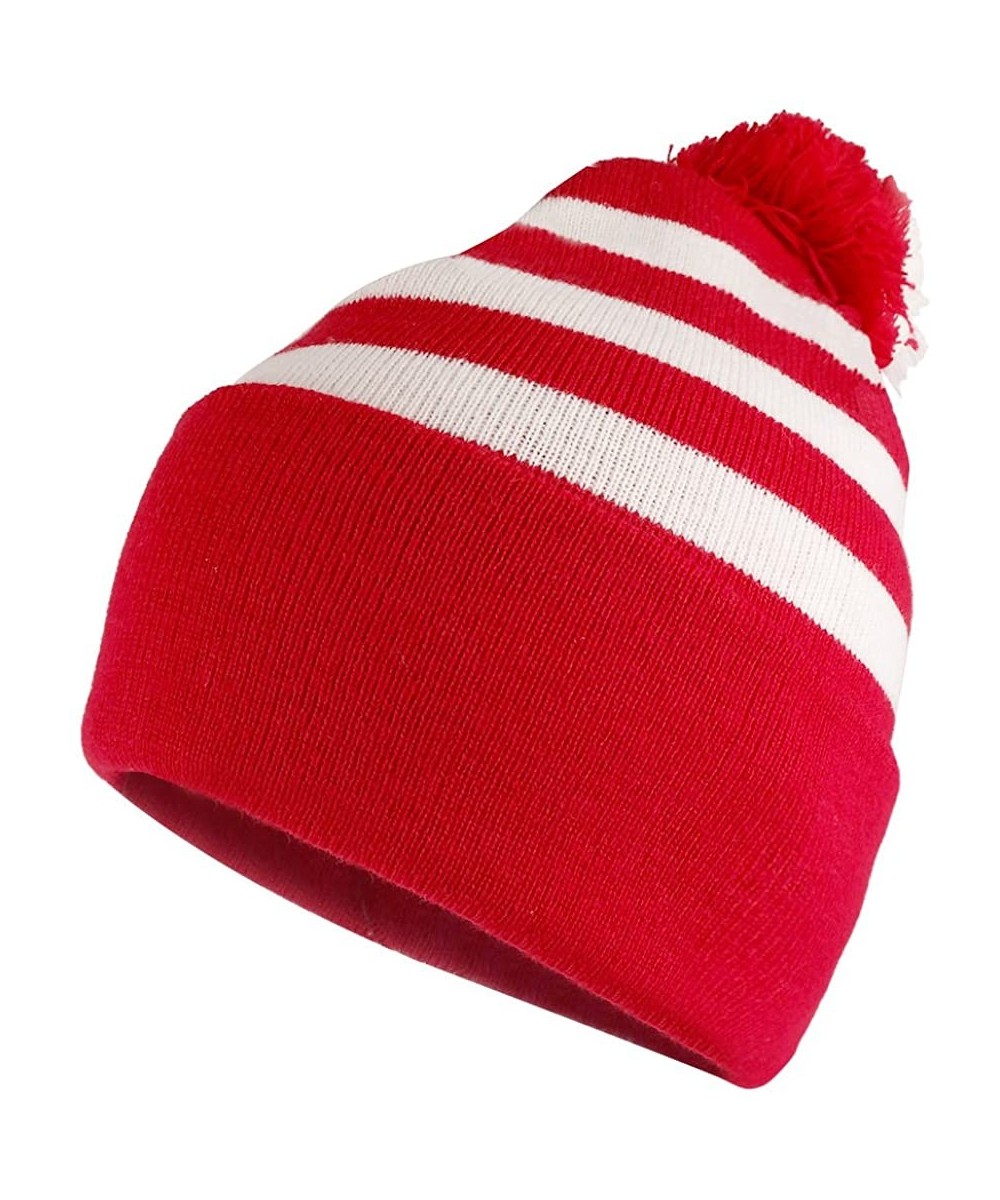 Skullies & Beanies Red White Striped Pom Pom Cuff Beanie Hat - 1 Pack - C91868955YN $19.30