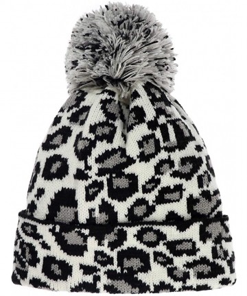 Skullies & Beanies Women Girls Fashion Winter Beanie hat with Leopard Pattern and Fur Pom - White - Leopard Pom - C918AWCEMO5...