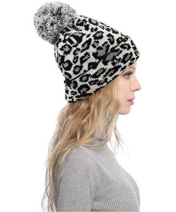Skullies & Beanies Women Girls Fashion Winter Beanie hat with Leopard Pattern and Fur Pom - White - Leopard Pom - C918AWCEMO5...