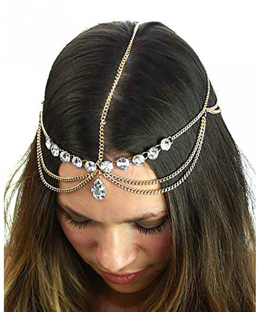 Headbands Women's Bohemian Fashion Head Chain Jewelry - Pear Cut Rhinestone Charm- Gold-Tone - Gold-Tone - CW11SOBKUD1 $15.22