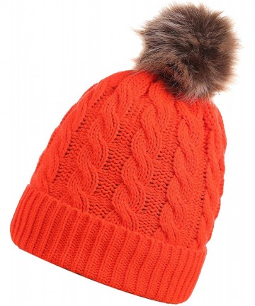 Skullies & Beanies Women's Winter Ribbed Knit Faux Fur Pompoms Chunky Lined Beanie Hats - Red - CH18625LKNG $14.08