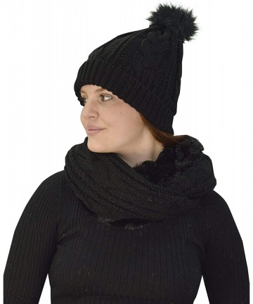Skullies & Beanies Thick Warm Crochet Beanie Hat & Plush Fur Lined Infinity Loop Scarf Set - Black 97 - CO18YI8DT9K $31.77