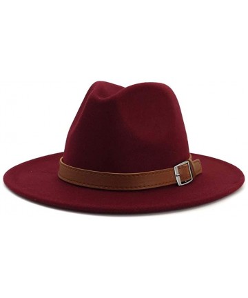 Fedoras Classic Men & Women Wide Brim Fedora Panama Hat with Belt Buckle - B Belt-wine Red - CX18UX5GTKW $20.80
