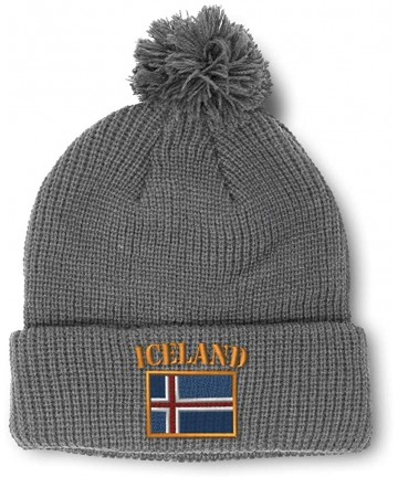 Skullies & Beanies Winter Pom Pom Beanie for Men & Women Iceland Flag Embroidery Skull Cap Hat - Light Grey - CI12ESL6CWD $18.32