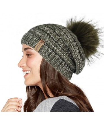 Skullies & Beanies Winter Slouchy Beanie Hats Women Fleece Lined Warm Ski Knitted Pom Pom Hat - 15-mixgreen - CO18UR6IRUD $22.73
