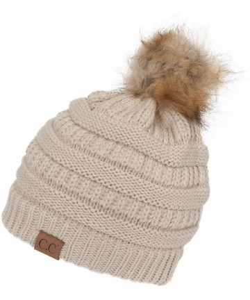 Skullies & Beanies Cable Knit Faux Fur Pom Pom Beanie Hat - Beige - CM12M1RC419 $21.14