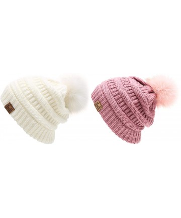 Skullies & Beanies Women's Soft Stretch Cable Knit Warm Skully Faux Fur Pom Pom Beanie Hats - 2 Pack - Off White & Dusty Rose...