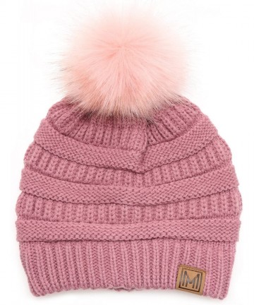 Skullies & Beanies Women's Soft Stretch Cable Knit Warm Skully Faux Fur Pom Pom Beanie Hats - 2 Pack - Off White & Dusty Rose...