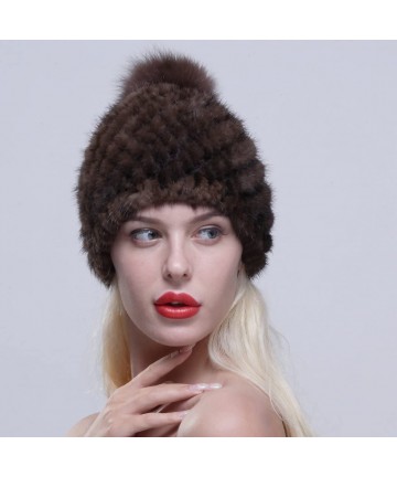 Skullies & Beanies Women Winter Hat Knit Mink Fur Beanie Cap with Fox Pom Pom Multicolor - Coffee - CB12N0F2F4J $45.50