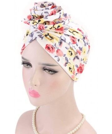 Skullies & Beanies Newest Beautiful Women India Muslim Stretch Turban Hat Retro Print Hair Loss Head Scarf Wrap (White) - Whi...