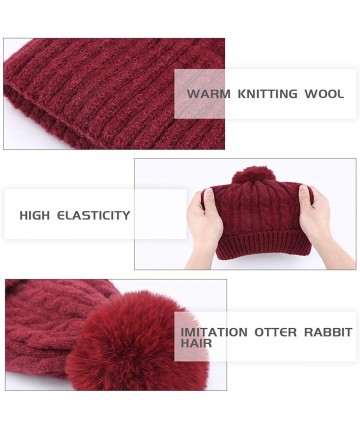 Skullies & Beanies Women's Cold Weather Beanie Hat with Imitation Rex Rabbit Fur Ball- Winter Knitted Skull Cap for Women - R...