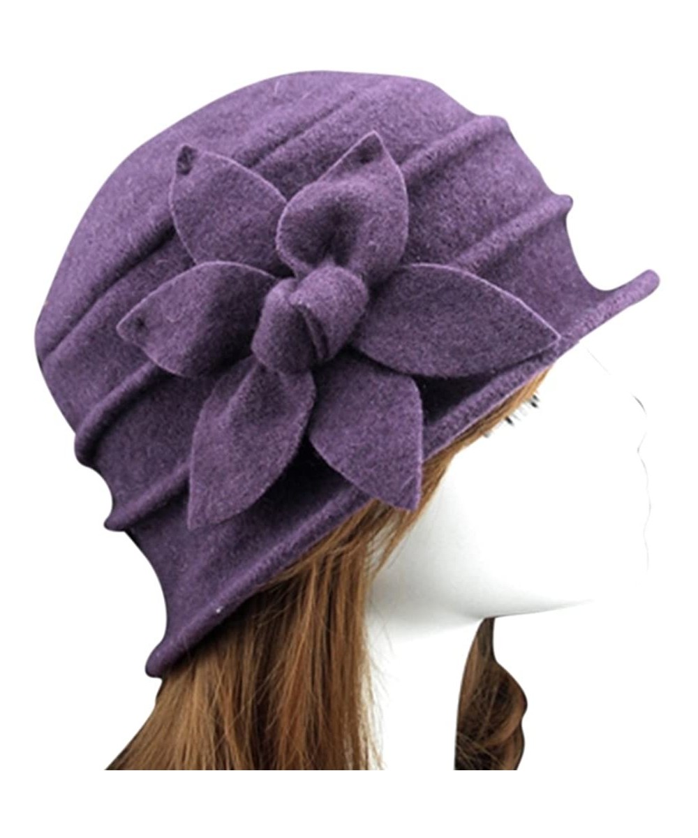 Skullies & Beanies Women 100% Wool Felt Round Top Cloche Hat Fedoras Trilby with Bow Flower - A6 Purple - CC188A3CCGH $21.50
